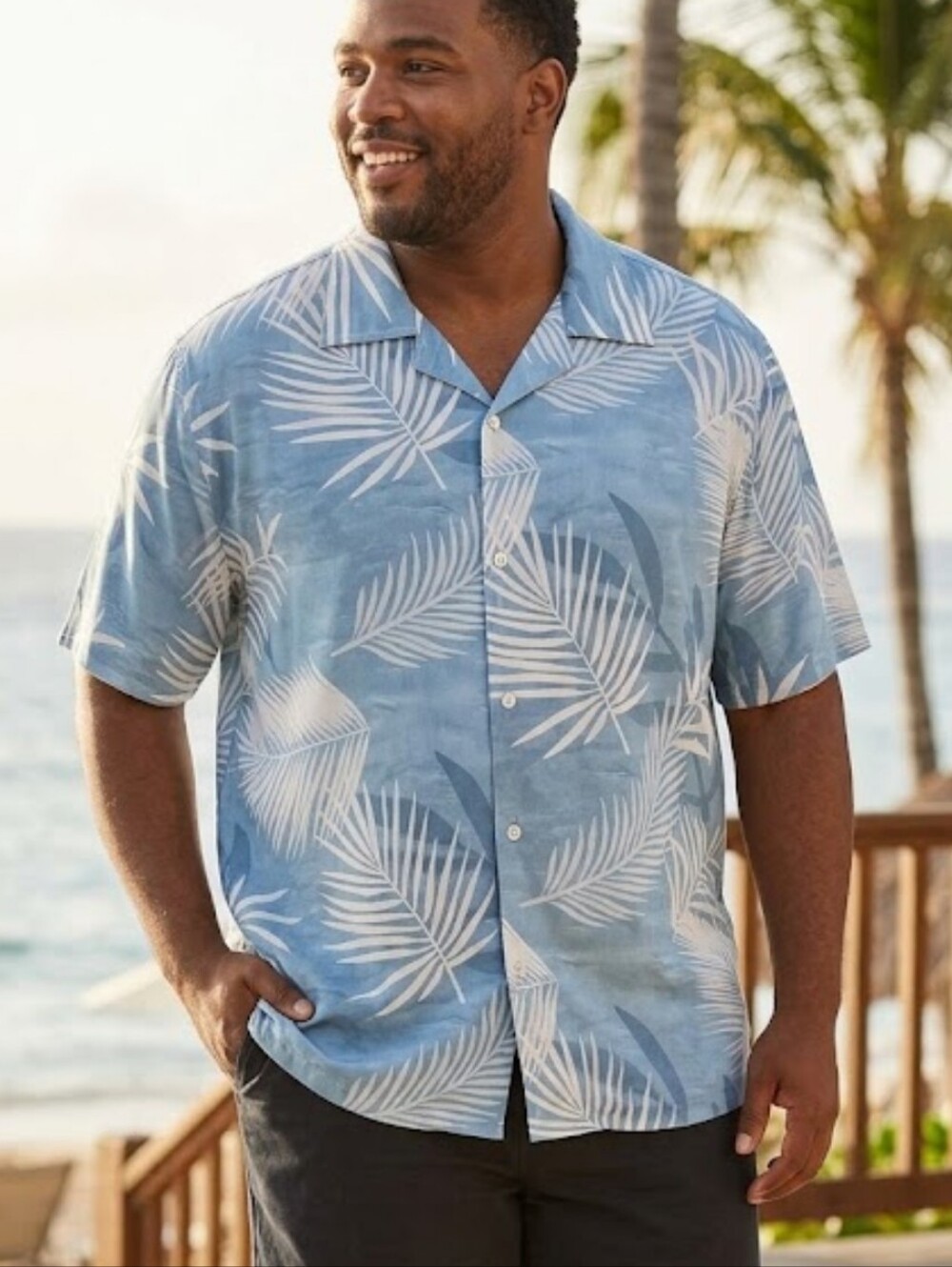 Mens 3XL Blue Palm Print Camp Shirt Silky Lightweight